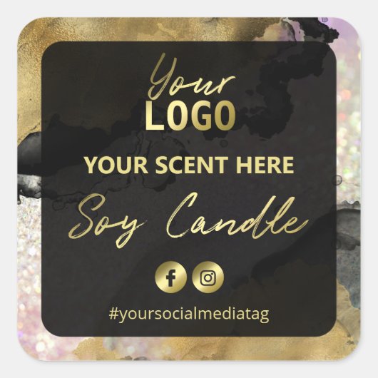 金ゴールドインクホログラフィックグリッターSoy Candleラベル スクエアシール (正面)