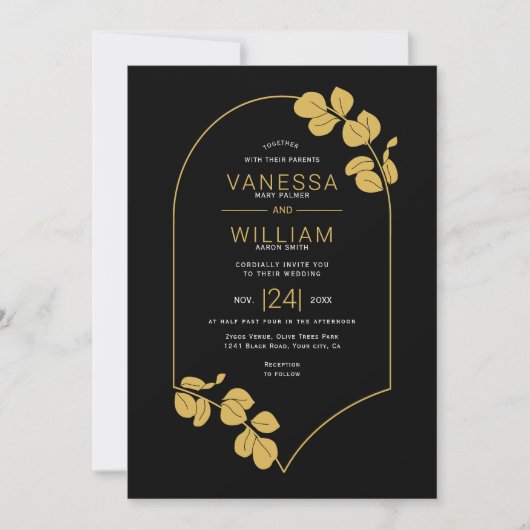 金ゴールドインスパイアジュエリーのフ葉レームと結婚S 招待状 (正面)