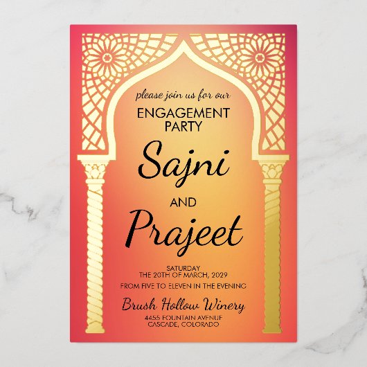 金ゴールドインディアン婚約パーティ 箔招待状 (正面)