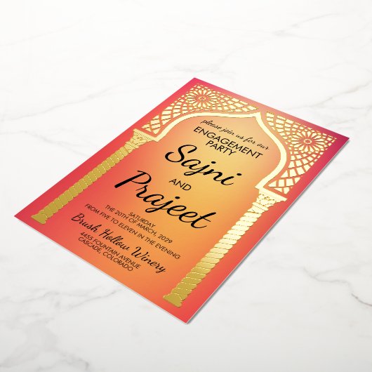 金ゴールドインディアン婚約パーティ 箔招待状 (回転した状態)