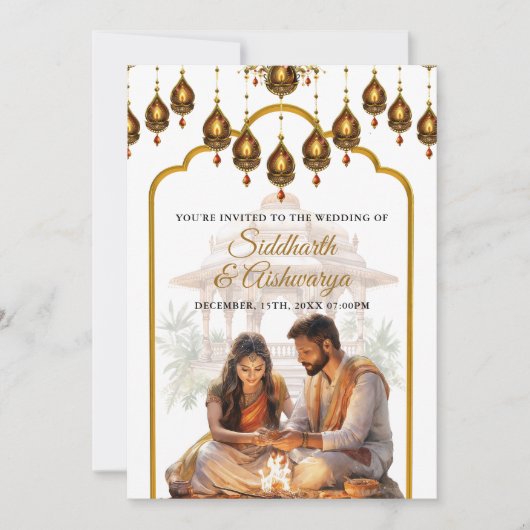 金ゴールドインディアン結婚の儀式ロカヒンズーのボリウッド 招待状 (正面)