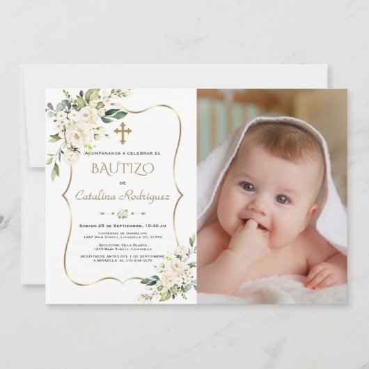 金ゴールドインビタシオンバウティゾコンフローレス写真バプテスマ 招待状 (正面)
