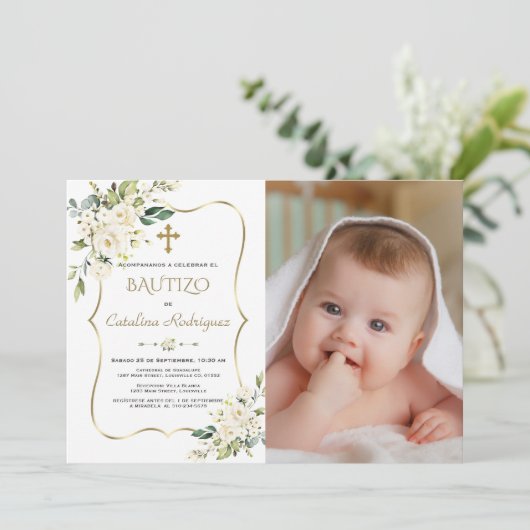 金ゴールドインビタシオンバウティゾコンフローレス写真バプテスマ 招待状 (スタンド正面)