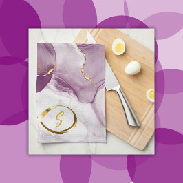 金ゴールドインフィニティイニシャルモノグラムオンパープルと金ゴールド キッチンタオル