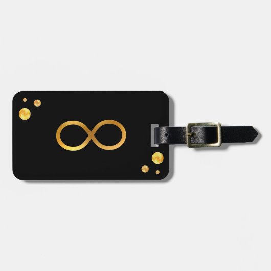 金ゴールドインフィニティシンボル&ゴールデン紙吹雪オンブラック ラゲッジタグ (正面横)