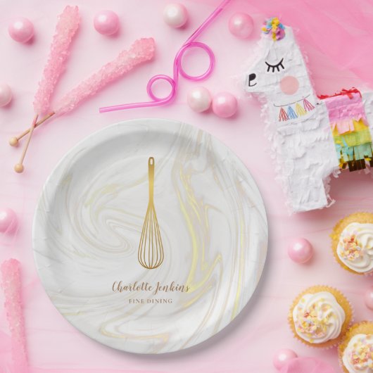 金ゴールドウィスクベーカリーパティスリーマーブルスワーズ ペーパープレート (パーティー)