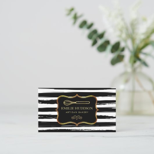 金ゴールドウィスク |フレーム抽象芸術白黒ストライプ 名刺 (スタンド正面)