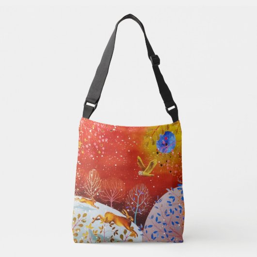 金ゴールドウィンターウッドランドラビットフクロウの水色 クロスボディバッグ (正面)