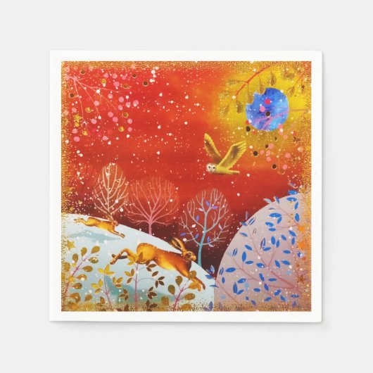 金ゴールドウィンターウッドランドラビットフクロウの水色 スタンダードカクテルナプキン (正面)