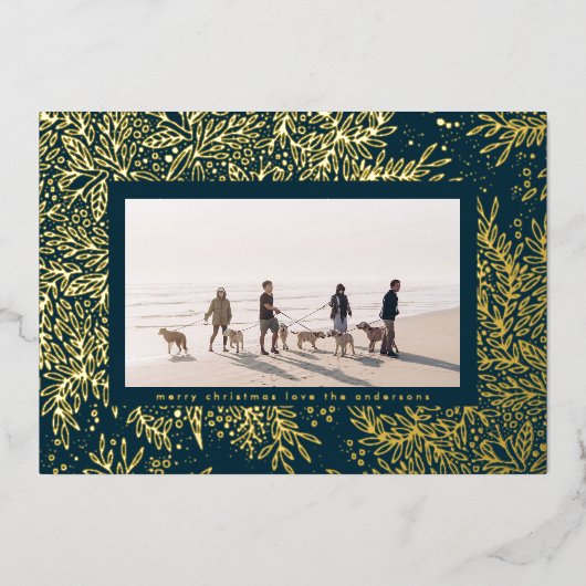 金ゴールドウィンターブルークリスマススノーフレーク写真フレーム 箔シーズンカード (正面)