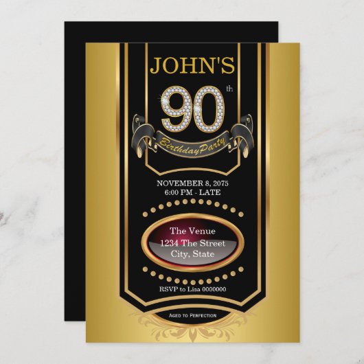 金ゴールドウイスキーレーベルMans 90th誕生日パーティー 招待状 (正面/裏面)
