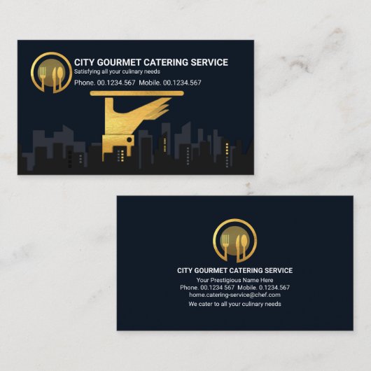 金ゴールドウェイターサービングプレートシティシルエット 名刺 (正面/裏面)