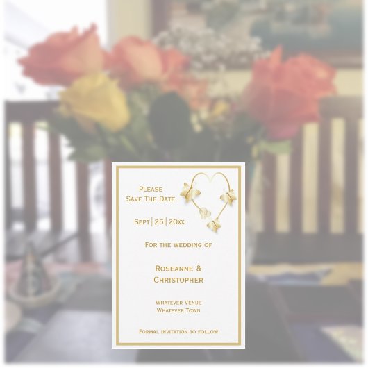 金ゴールドウェディングザデイト招待状蝶 セーブザデート