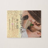 金ゴールドウェディング日付の保存招待状 ジグソーパズル (横)