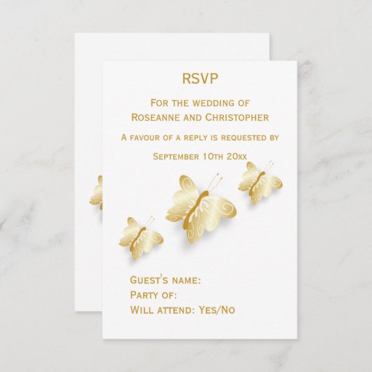 金ゴールドウェディングRSVPカード蝶デザイン 出欠カード (正面/裏面)