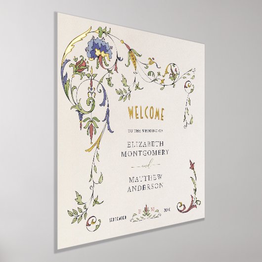 金ゴールドウェルカムサインビクトリアンオーナメント結婚の 箔ポスター (レイダウン)