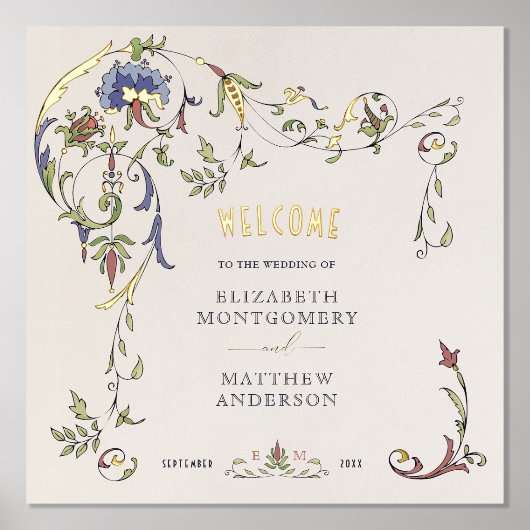 金ゴールドウェルカムサインビクトリアンオーナメント結婚の 箔ポスター (正面)