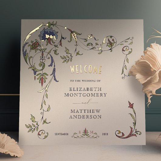 金ゴールドウェルカムサインビクトリアンオーナメント結婚の 箔ポスター