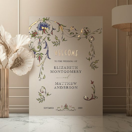 金ゴールドウェルカムサイン中世オーナメント結婚ズ 箔ポスター