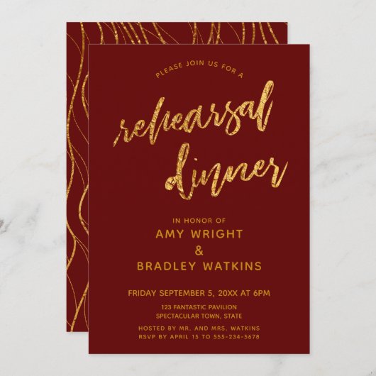 金ゴールドウェーブ手書き手書きバーガンディリハーサルディナー 招待状 (正面/裏面)