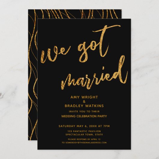 金ゴールドウェー得ズ結婚したブラックウェディング 招待状 (正面/裏面)