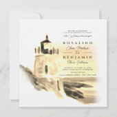 金ゴールドウォーターカラービーチライトハウスランドスケー結婚ズ 招待状 (正面)