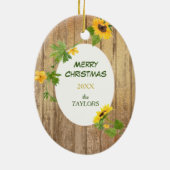 金ゴールドウッドサンフラワーフレーム写真テンプレートホリデー セラミックオーナメント (裏面)