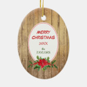 金ゴールドウッドポインセティアフレーム写真テンプレートホリデイ セラミックオーナメント (裏面)