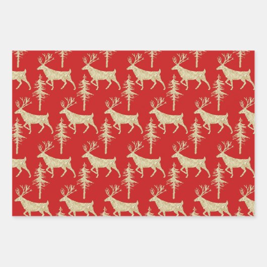 金ゴールドウッドランドスタグスプルースの木の森オン赤 ラッピングペーパーシート (正面3)