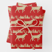 金ゴールドウッドランドスタグスプルースの木の森オン赤 ラッピングペーパーシート (インサイチュ)