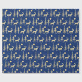 金ゴールドウッドランドパインフォレストスタッグネイビーブルー ラッピングペーパー (フラット)