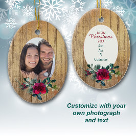 金ゴールドウッドレッドローズフレーム写真テンプレートホリデー セラミックオーナメント