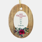 金ゴールドウッドレッドローズフレーム写真テンプレートホリデー セラミックオーナメント (裏面)