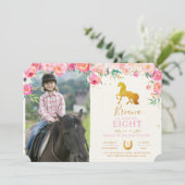 金ゴールドウマと花フォト誕生日招待状 招待状 (スタンド正面)