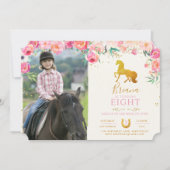 金ゴールドウマと花フォト誕生日招待状 招待状 (正面)