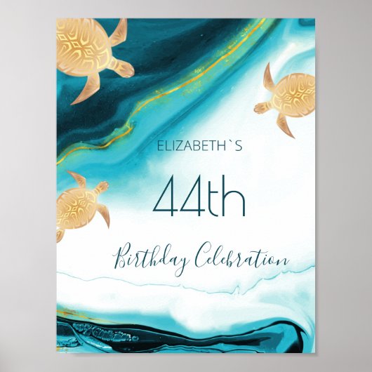 金ゴールドウミガメティール(緑がかった色)インカスタムク誕生日パーティー ポスター (正面)