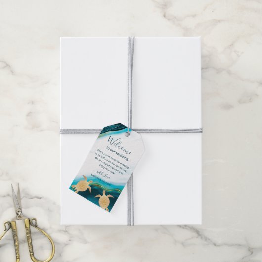 金ゴールドウミガメビーチ結婚式ウェルカムバッグ ギフトタグ (より糸付き)