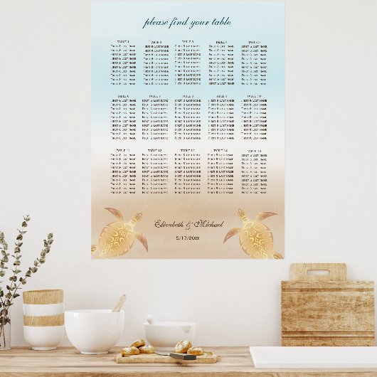 金ゴールドウミガメビーチ結婚式シーティングチャート ポスター (キッチン)