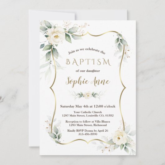 金ゴールドエアリーグリーンリーホワイトアイボリーフローラバプテスマ 招待状 (正面)