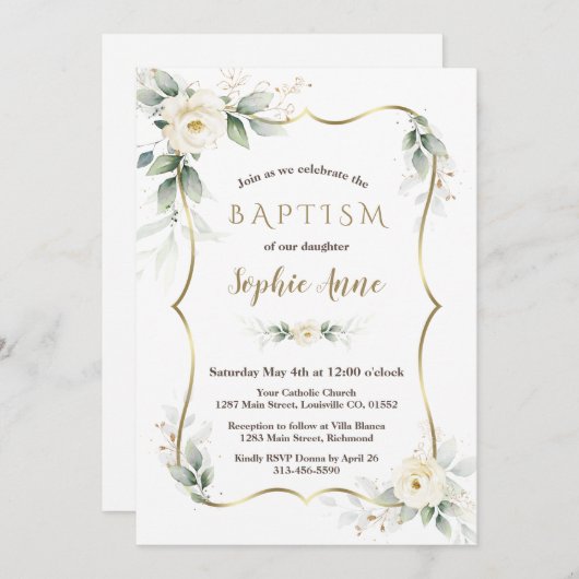 金ゴールドエアリーグリーンリーホワイトアイボリーフローラバプテスマ 招待状 (正面/裏面)