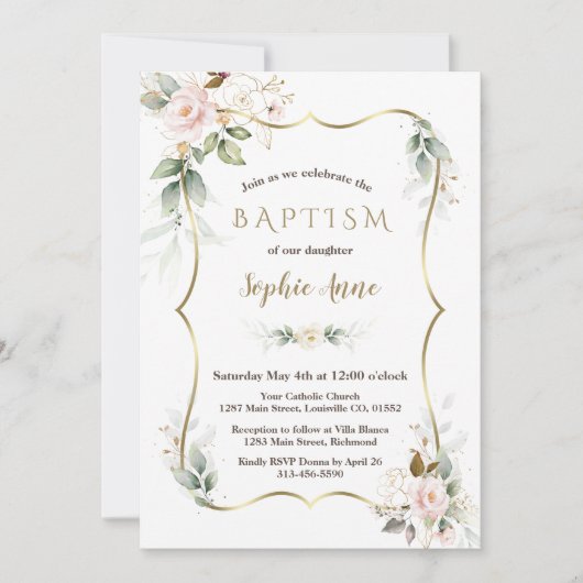 金ゴールドエアリーグリーン赤面ピンク金ゴールドフローラバプテスマ 招待状 (正面)