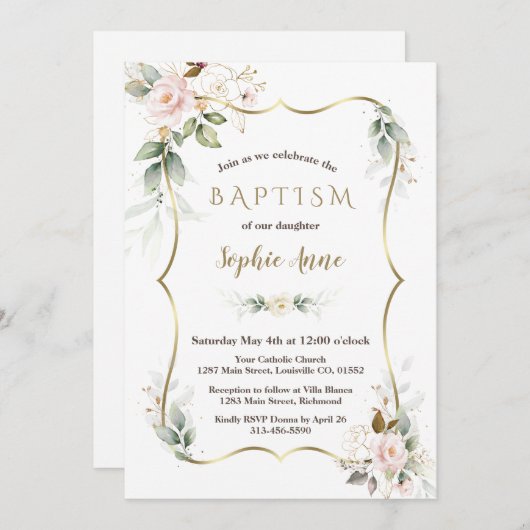 金ゴールドエアリーグリーン赤面ピンク金ゴールドフローラバプテスマ 招待状 (正面/裏面)