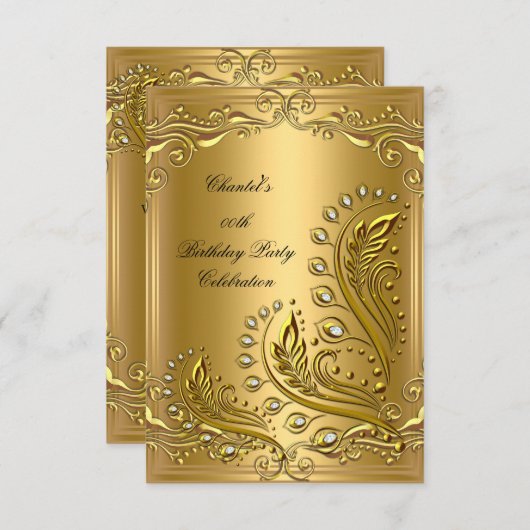 金ゴールドエイジエレガントバースデーパーティーフローラ 招待状 (正面/裏面)