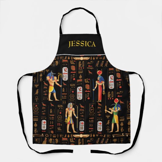 金ゴールドエジプトの象形文字と黒の神 エプロン (正面)