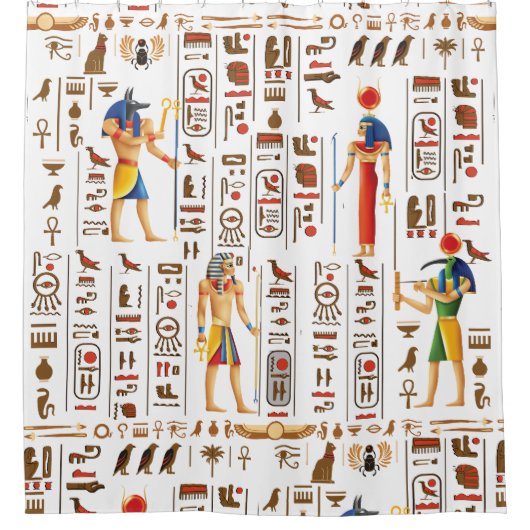 金ゴールドエジプトの象形文字と黒の神 シャワーカーテン (正面)