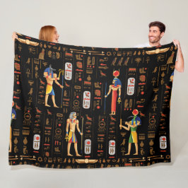 金ゴールドエジプトの象形文字と黒の神 フリースブランケット