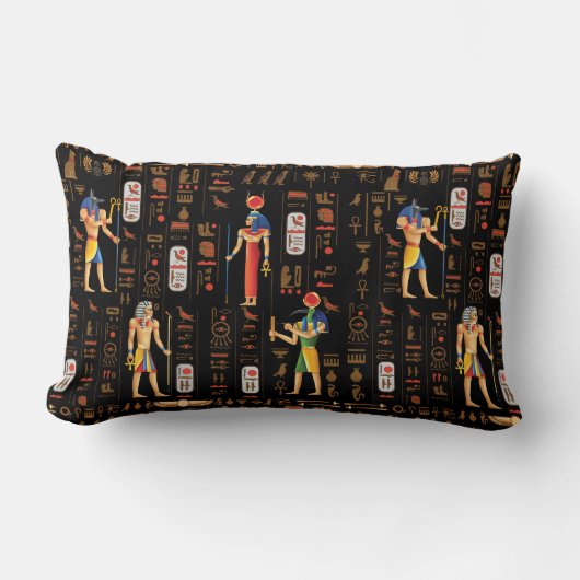 金ゴールドエジプトの象形文字と黒の神 ランバークッション (正面)