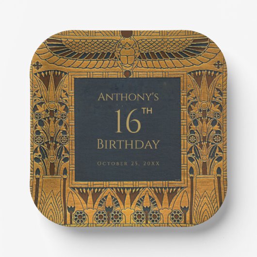 金ゴールドエジプトテーマの誕生日エレガントヴィンテージブルー ペーパープレート (正面)
