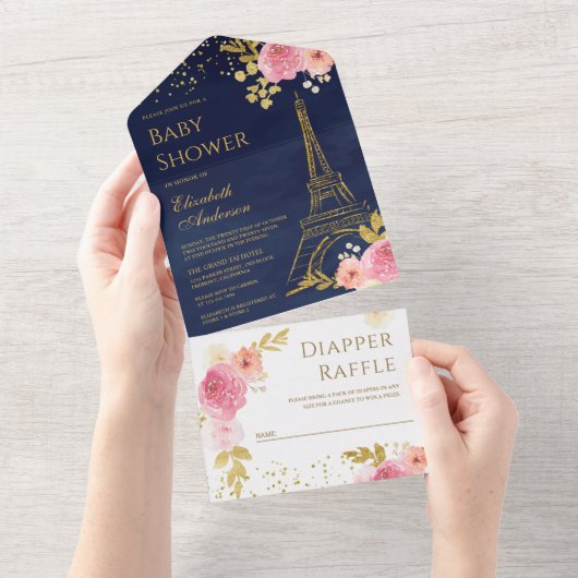 金ゴールドエッフェルタワー赤面ピンクフローラベビーシャワー オールインワン招待状 (貼ってはがせる)