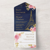 金ゴールドエッフェルタワー赤面ピンクフローラベビーシャワー オールインワン招待状 (内側)